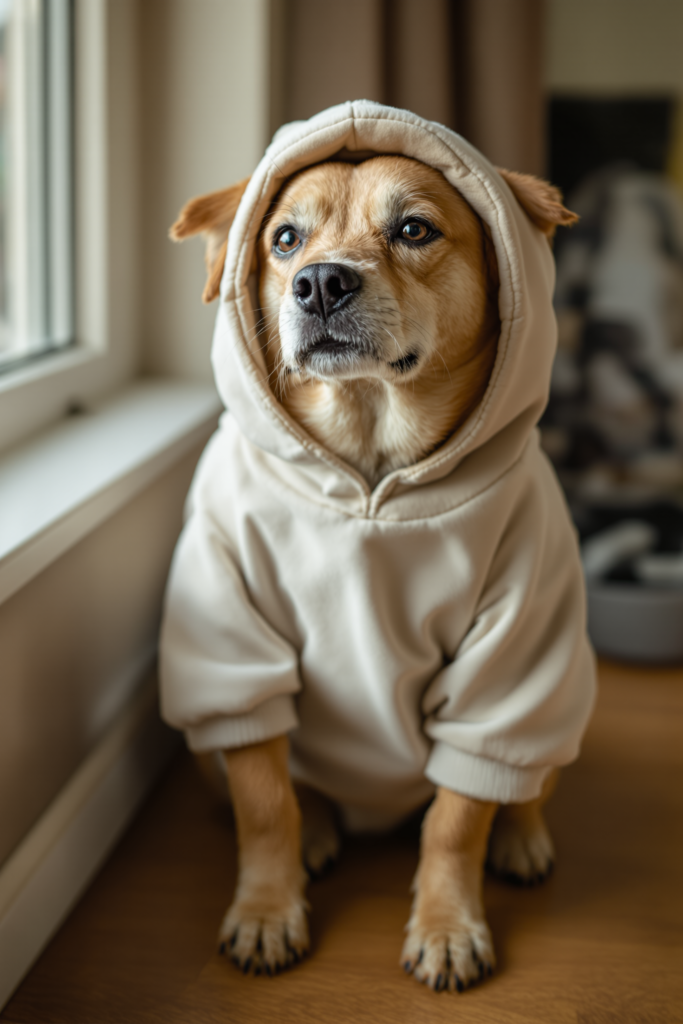 Dog Costume: Fit, Safety Checks and Knowing When Your Dog Hates It 3 Visibly relaxed dog wearing a simple lightweight costume with its face completely clear, loose body posture - dog costume