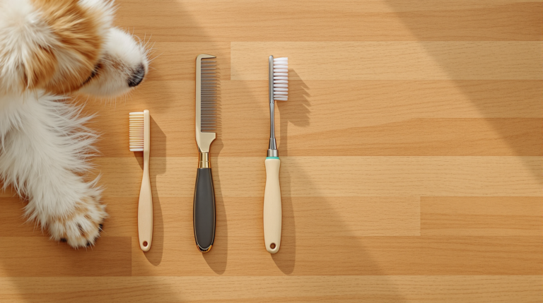 Overhead flat lay of a five piece dog grooming kit on a wooden surface