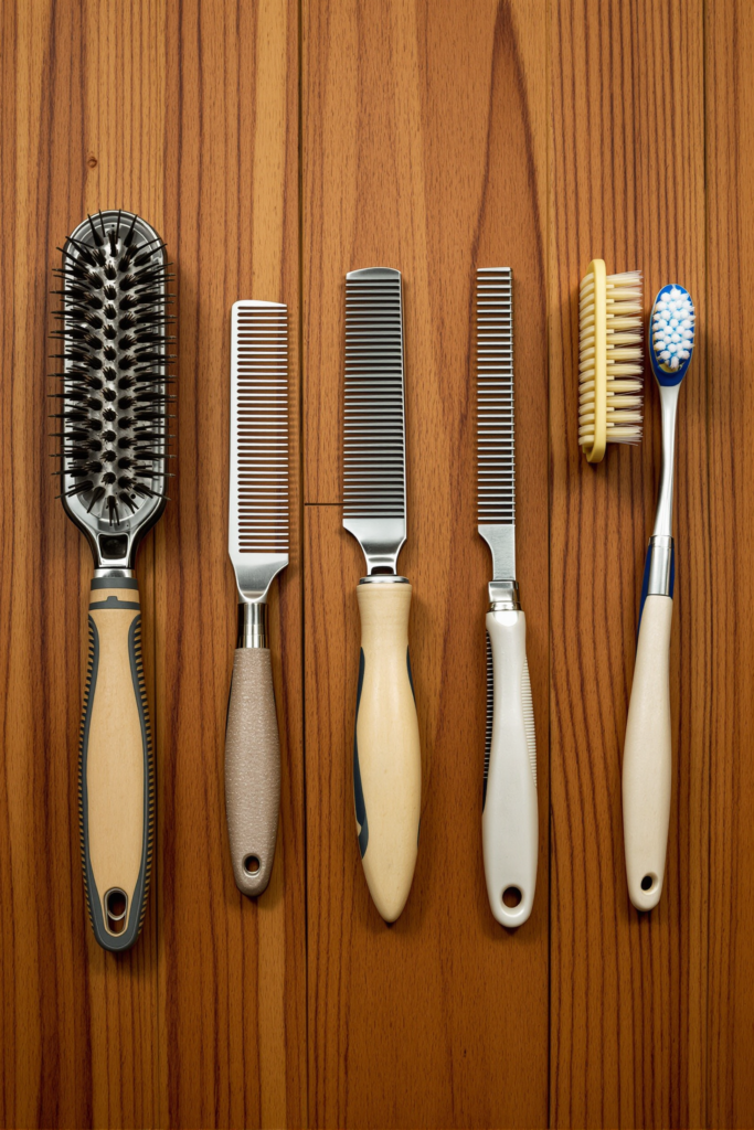Dog Grooming Kit: What Belongs In It and What Is a Waste of Money 3 Overhead flat lay on a warm wooden surface of five core grooming tools arranged with even spacing — slicker brush - dog grooming kit