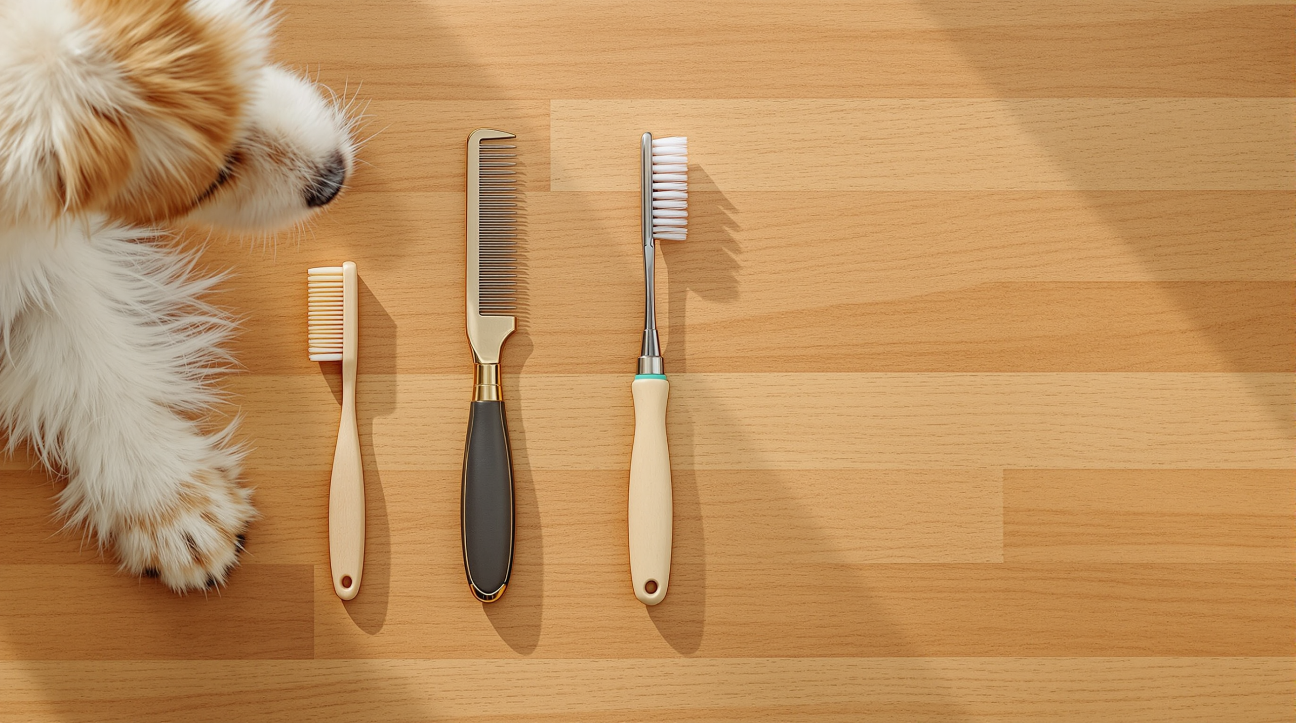 Dog Grooming Kit: What Belongs In It and What Is a Waste of Money 1 Overhead flat lay of a five piece dog grooming kit on a wooden surface