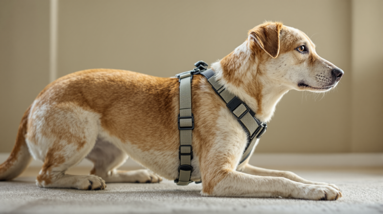 Side profile of a dog wearing a correctly fitted Y-front dog harness