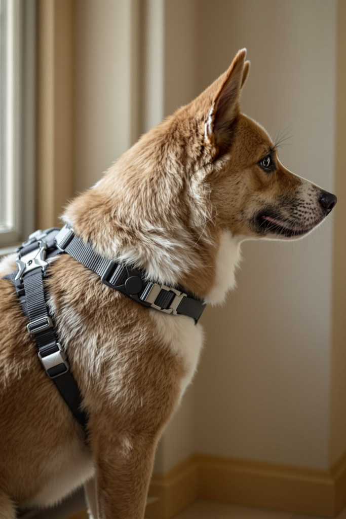Dog Harnesses: Fitting, Measuring and Front vs Back Clip 3 Side profile of a medium dog wearing a correctly fitted Y-front harness, chest strap sitting clear of the shoulder joint - dog harness