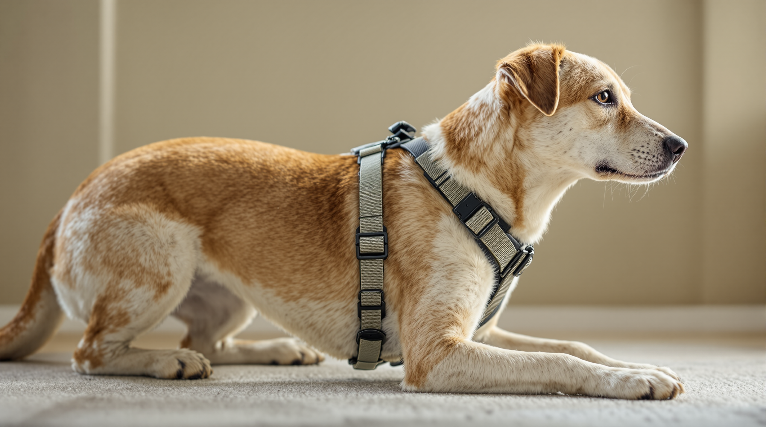 Dog Harnesses: Fitting, Measuring and Front vs Back Clip 1 Side profile of a dog wearing a correctly fitted Y-front dog harness