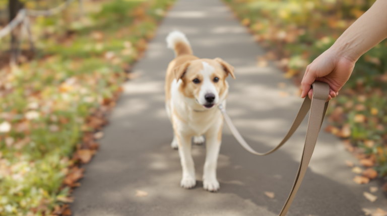 Hand holding a dog leash with the dog walking ahead on a loose leash