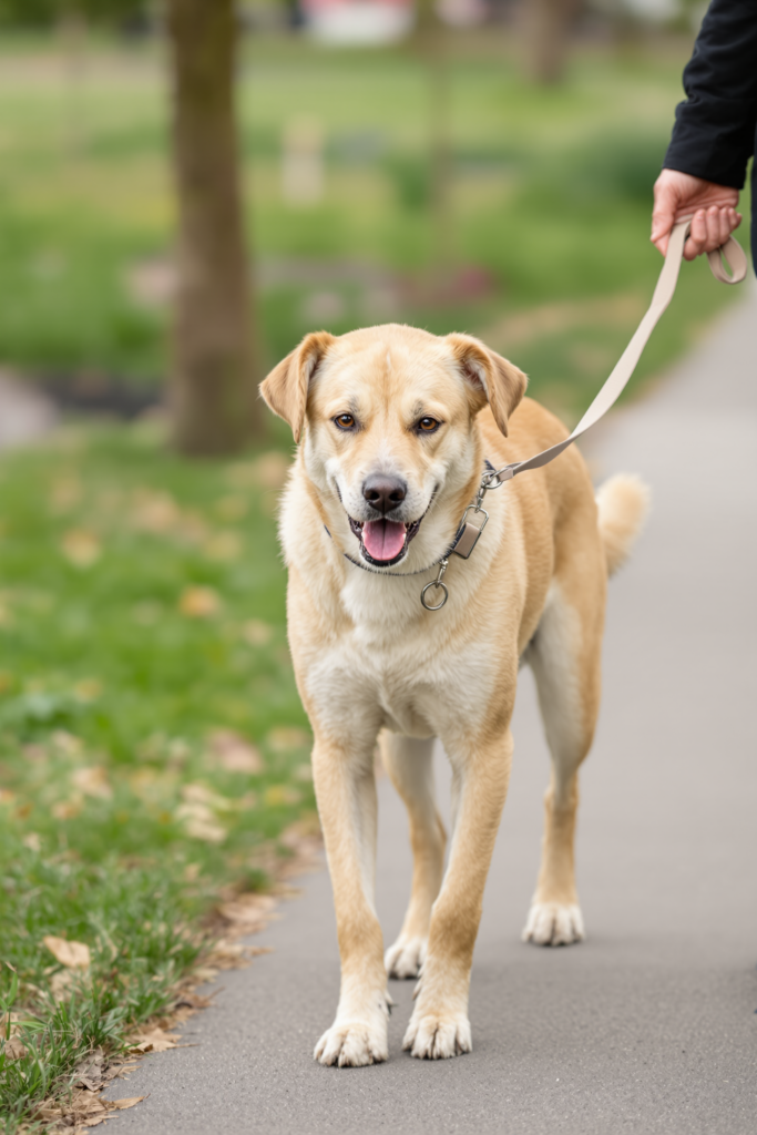 Dog Leashes: Length, Material and Why Clips Matter Most 3 Adult dog walking on all four paws on a park path, a plain flat nylon leash clipped to the metal D-ring of its collar - dog leash