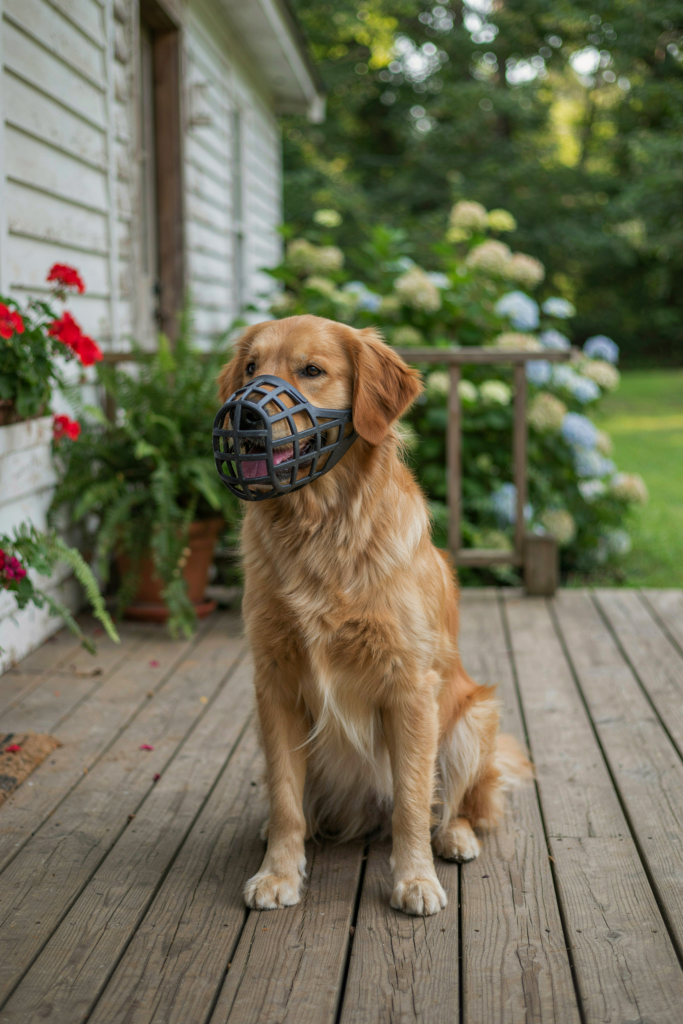 Dog Muzzle: Types, Fit and Why a Muzzled Dog Is Not a Dangerous One 3 Relaxed dog wearing a well-fitted basket dog muzzle on a porch