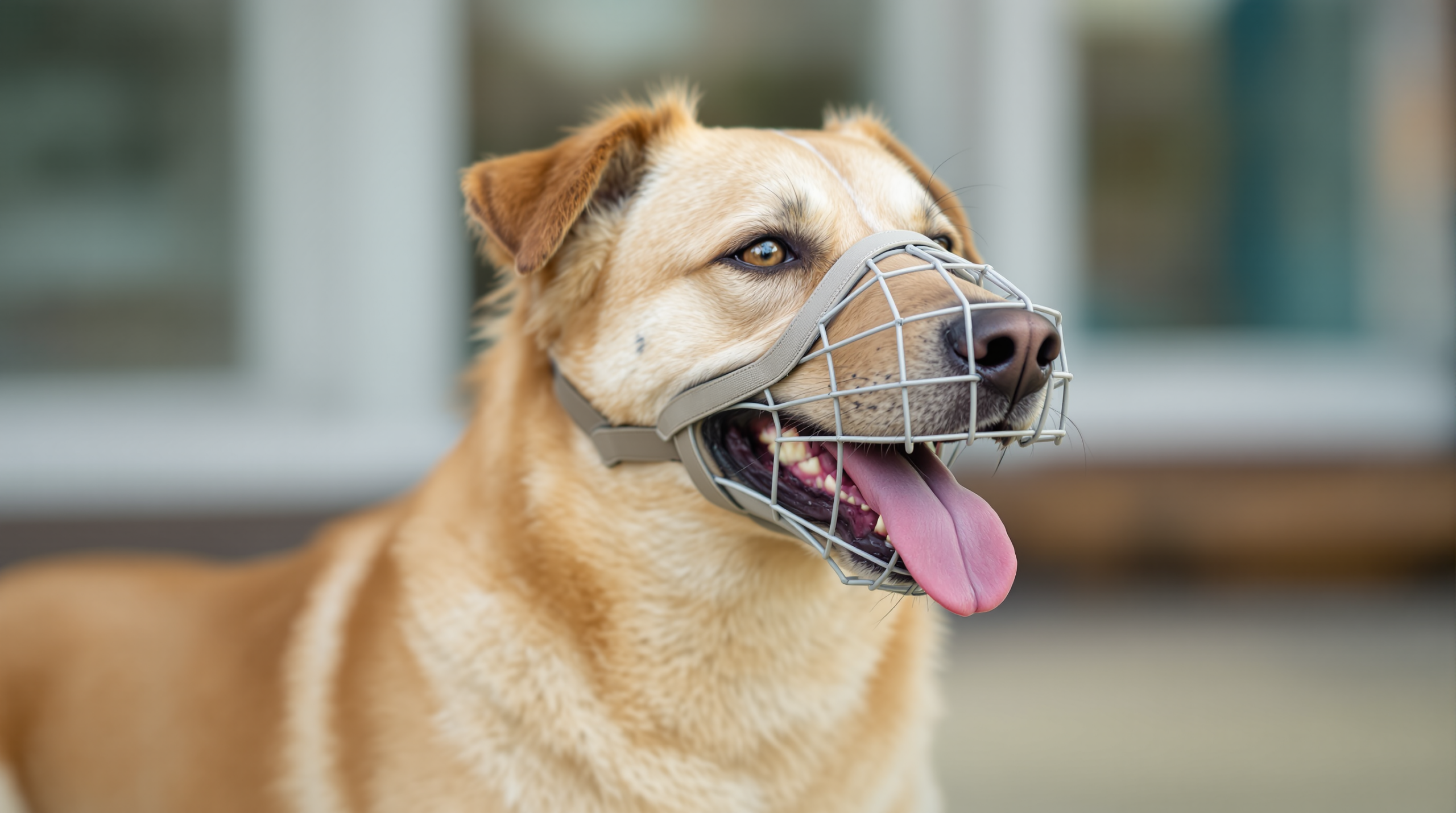 Dog Muzzle: Types, Fit and Why a Muzzled Dog Is Not a Dangerous One 1 Relaxed dog panting freely in a well fitted open basket dog muzzle