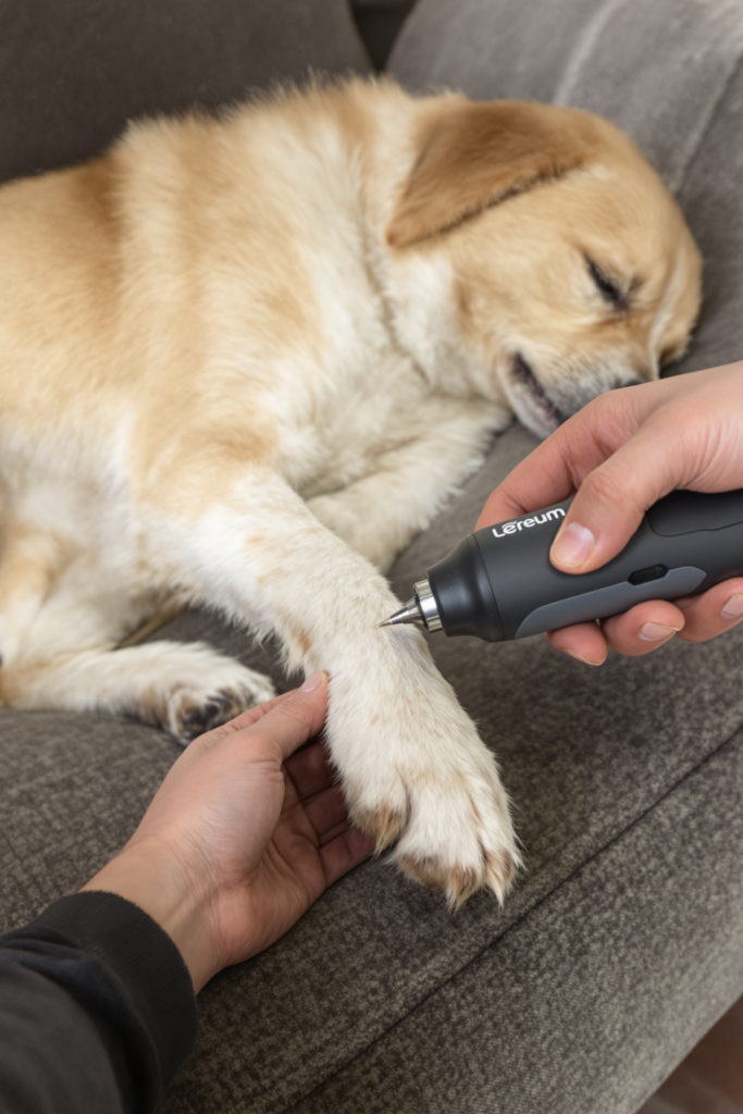 Owner trimming a calm dog's nail with a handheld dog nail grinder