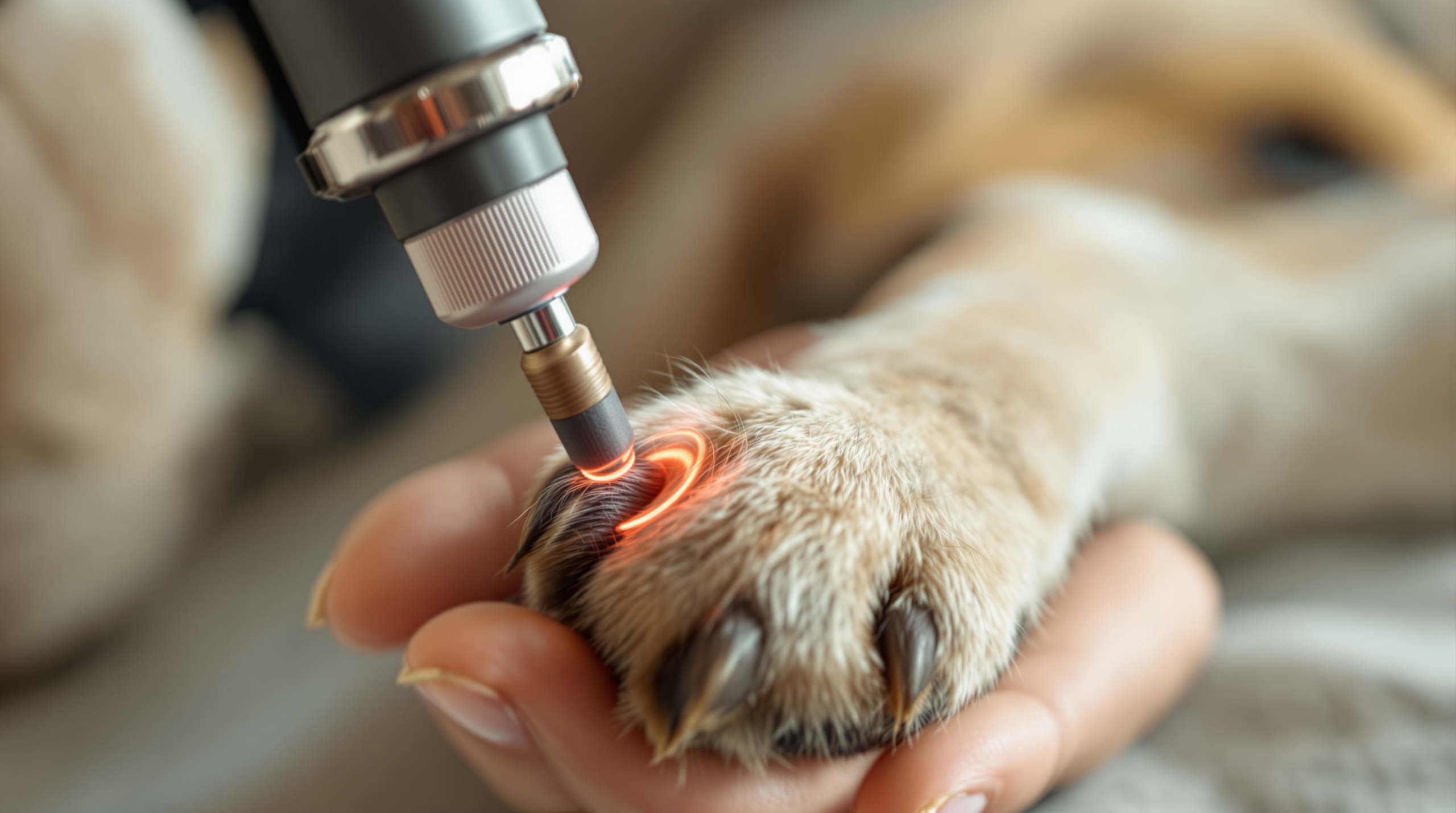 Rotary dog nail grinder being used on a dark nail held in a hand