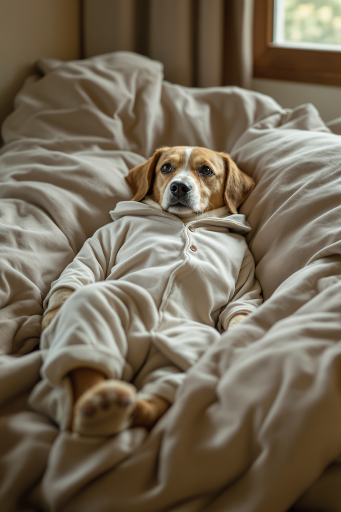 Dog Pajamas: Recovery Use, Shedding Control and Correct Fit 3 Dog wearing soft full-body pajamas lying settled on a bed in recovery, fabric covering the torso smoothly - dog pajamas