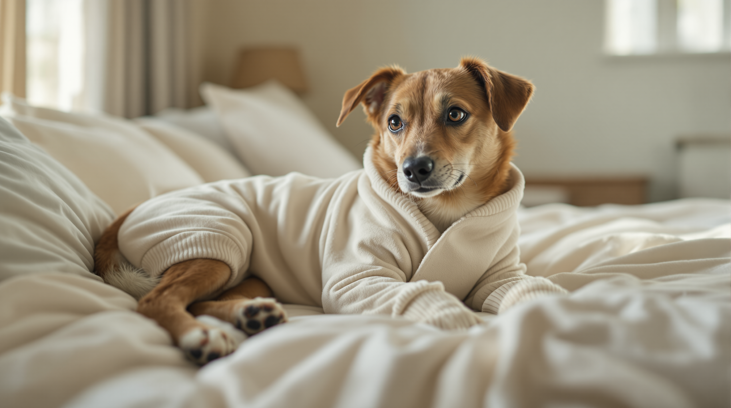 Dog Pajamas: Recovery Use, Shedding Control and Correct Fit 1 Dog resting on a bed wearing soft full body dog pajamas