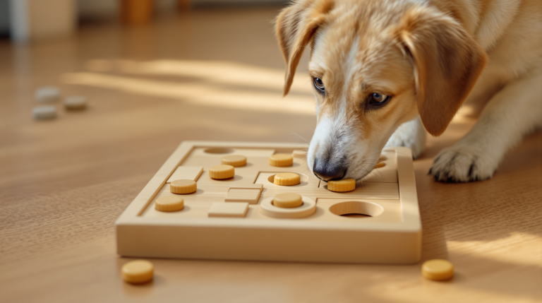 Dog solving a sliding panel board from a set of dog puzzle toys