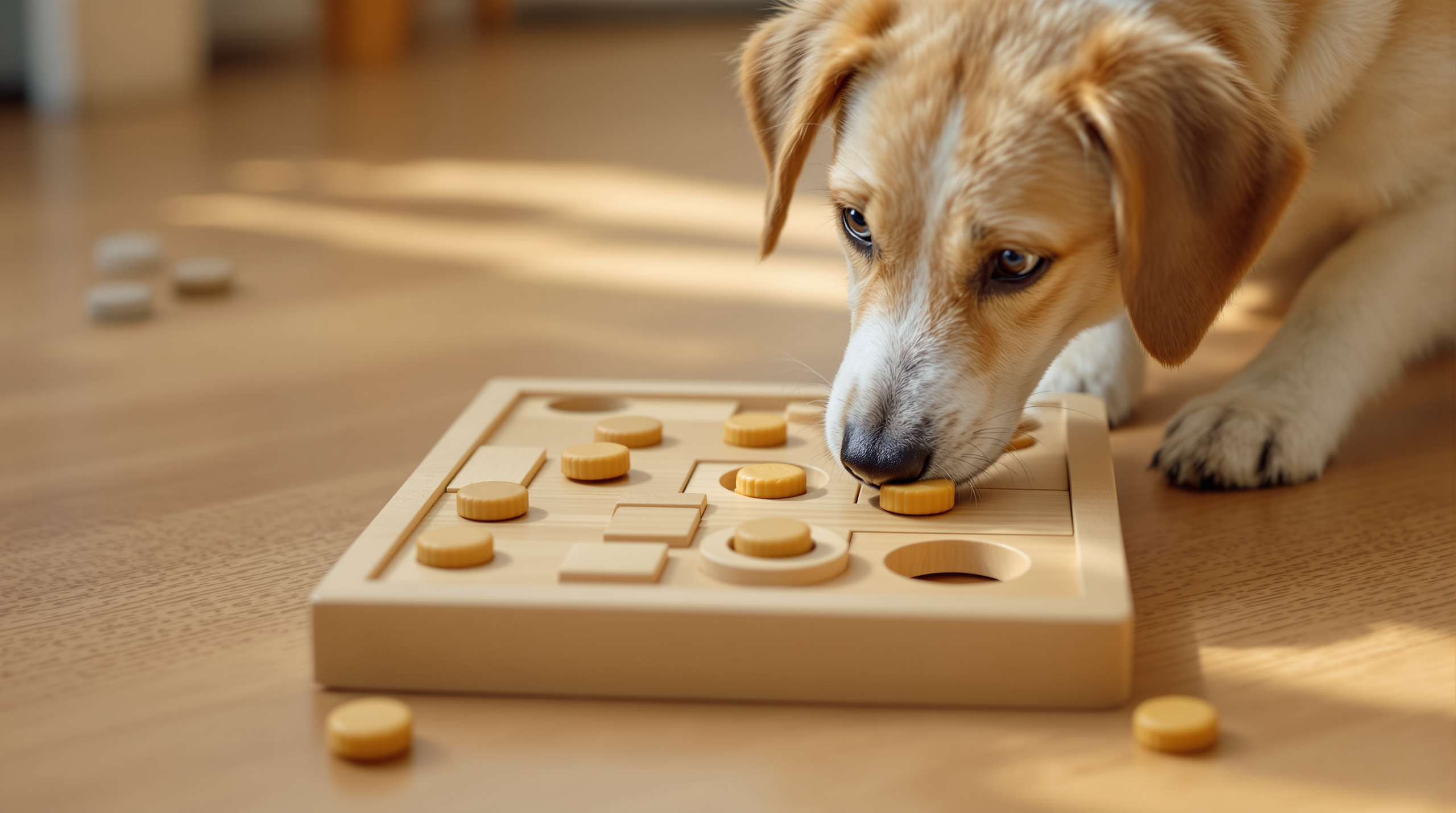 Dog solving a sliding panel board from a set of dog puzzle toys
