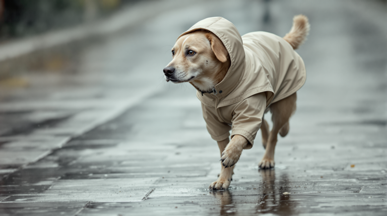 Dog walking in the rain wearing a waterproof dog raincoat with water beading off