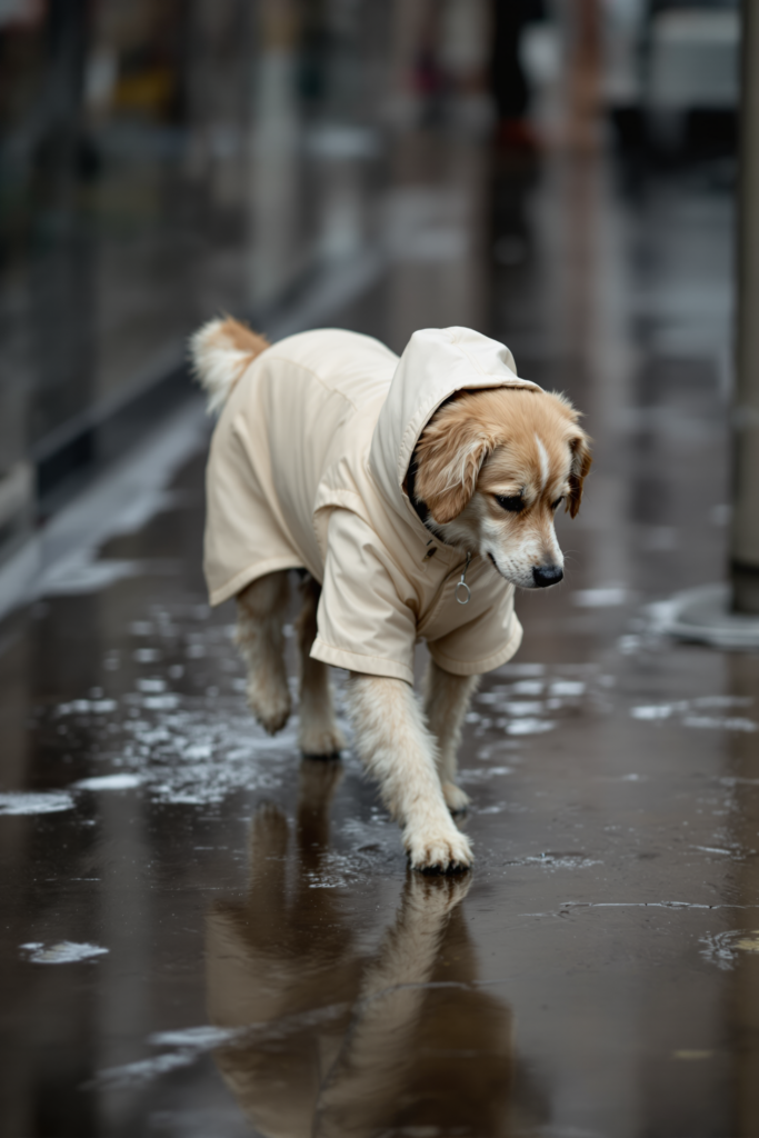 Dog walking on a wet pavement in steady rain wearing a hooded waterproof raincoat, water beading and running off the shell - dog raincoat