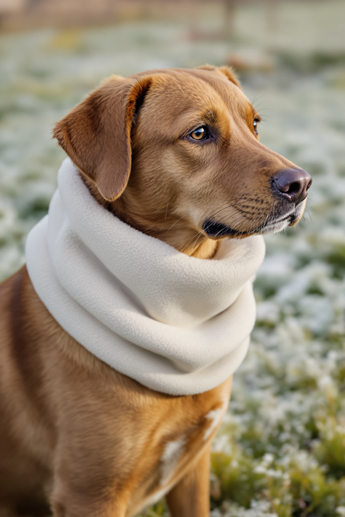 Dog wearing a soft fleece tubular snood around its neck on a crisp bright winter walk, fabric sitting loose and low - dog scarf