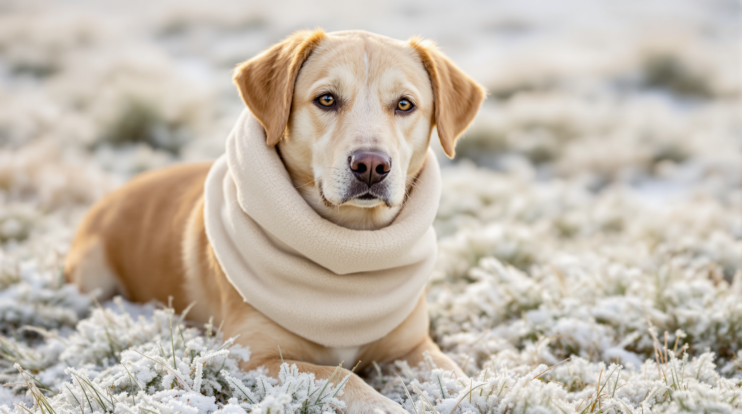 Dog wearing a soft fleece tubular dog scarf on a bright winter walk