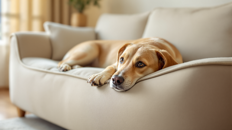 Dog resting its chin on the bolster edge of a couch shaped dog sofa bed