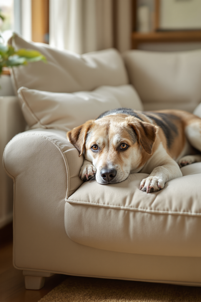 Dog Sofa Beds: Bolster Sizing and Why Dogs Prefer Them 3 Medium dog resting its chin on the raised bolster edge of a couch-shaped dog sofa bed, body stretched along the open front
