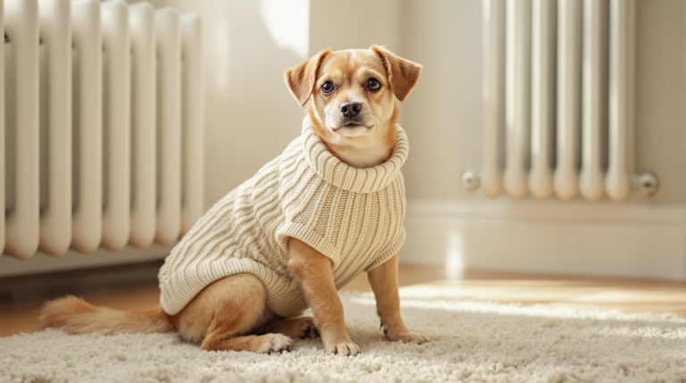 Small dog wearing a cable knit dog sweater indoors on a rug