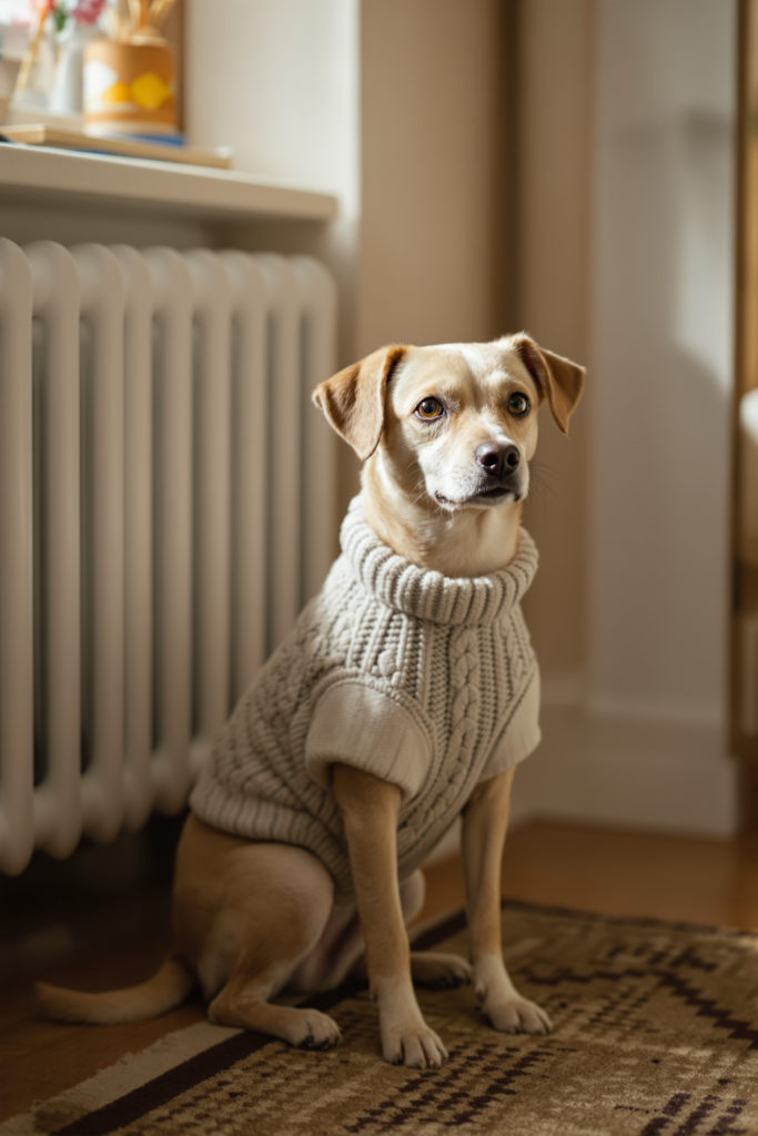 Dog Sweaters: Fit, Fabric and Why a Wet Sweater Is Worse Than None 3 Small smooth-coated dog wearing a cable-knit sweater indoors - dog sweater