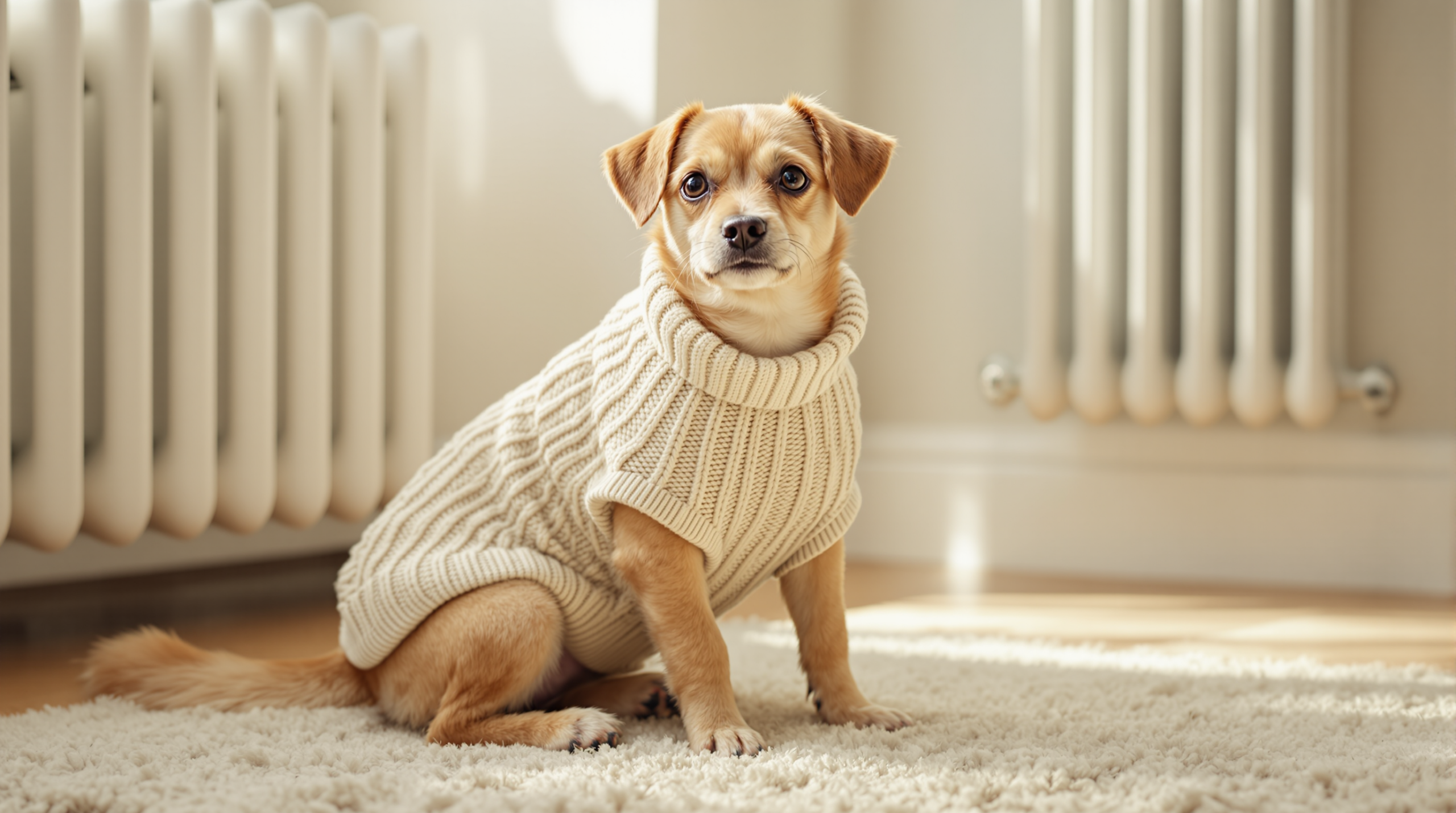 Dog Sweaters: Fit, Fabric and Why a Wet Sweater Is Worse Than None 1 Small dog wearing a cable knit dog sweater indoors on a rug
