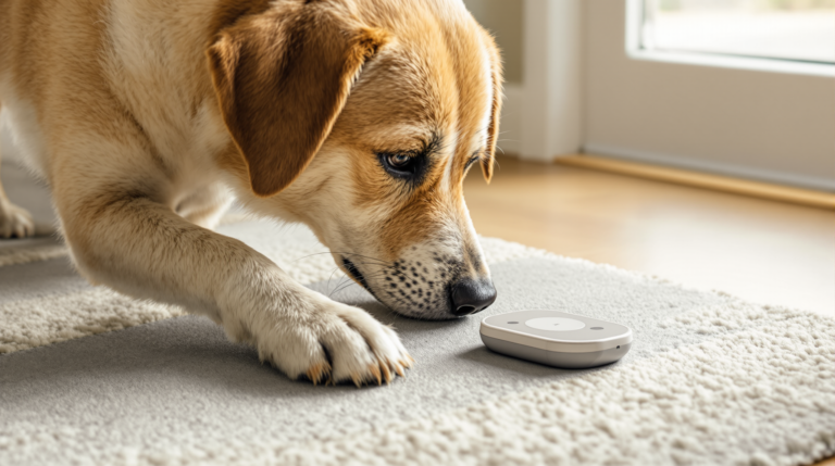 Dog pressing one of two recordable dog talking buttons with its paw