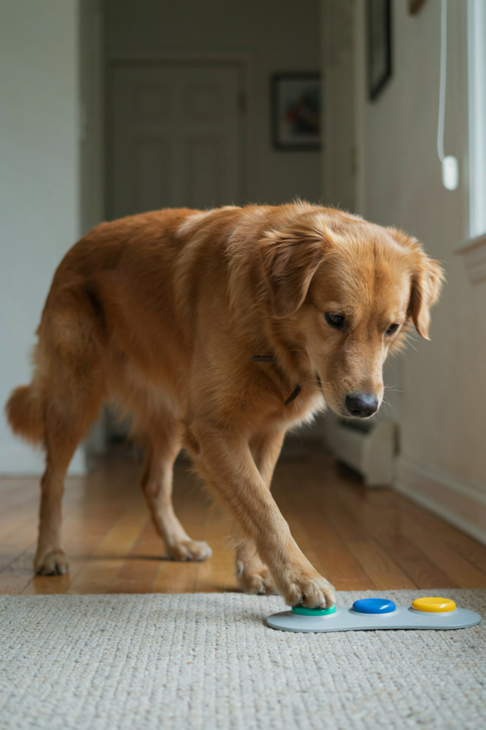 Dog pressing a recordable dog talking button with its front paw