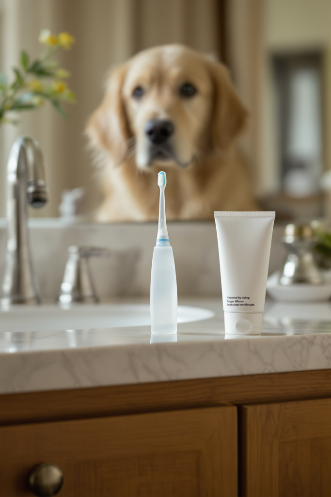 Clear silicone finger toothbrush and a plain unlabeled toothpaste tube on a bathroom counter - dog toothbrush