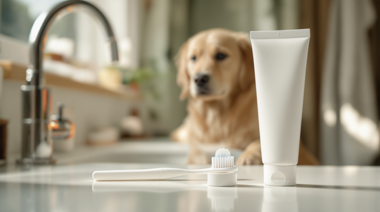 Silicone finger dog toothbrush and toothpaste on a counter with a dog behind