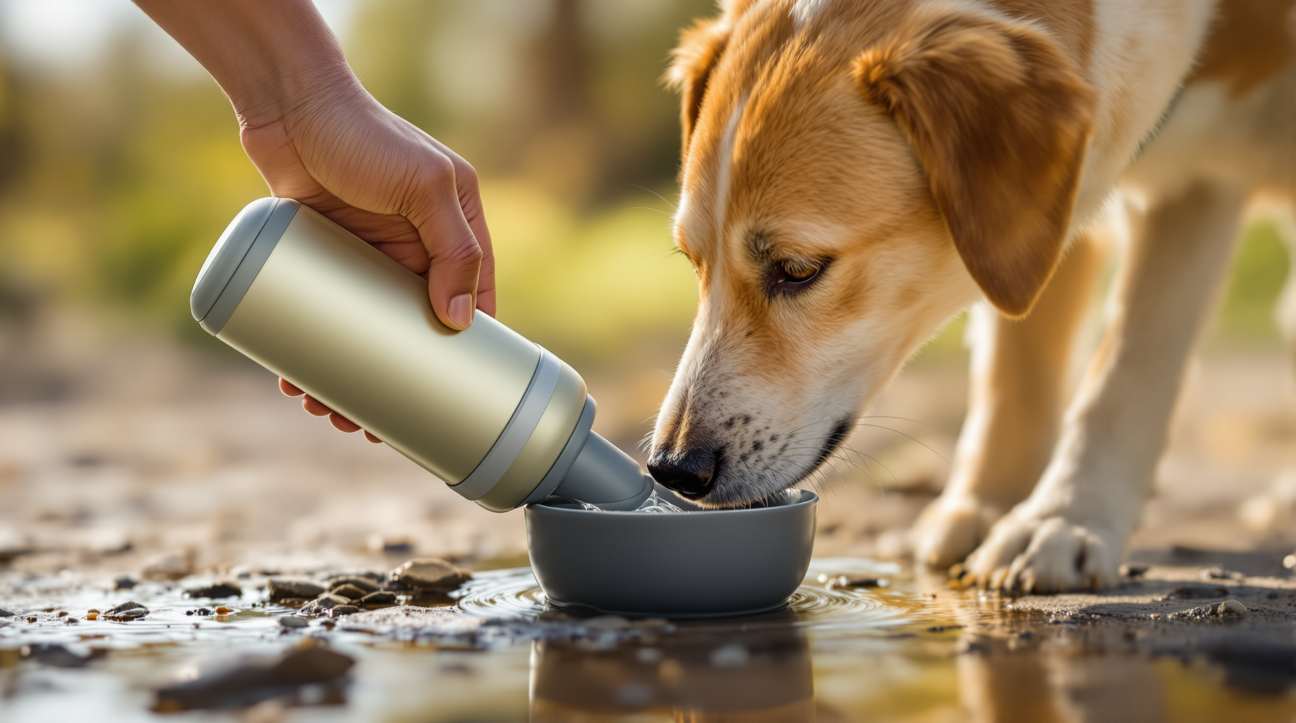 Dog Water Bottles: Capacity, Designs and How Much Dogs Need 1 Dog drinking from a portable dog water bottle with a flip-up bowl on a trail