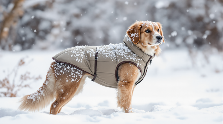 Dog standing in snow wearing an insulated waterproof dog winter coat