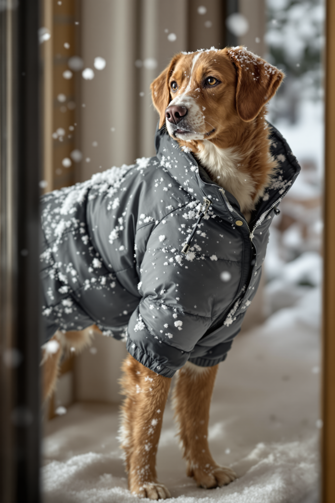 Dog standing in fresh snow wearing a waterproof insulated winter coat with belly coverage, snow settling on the shell fabric - dog winter coat