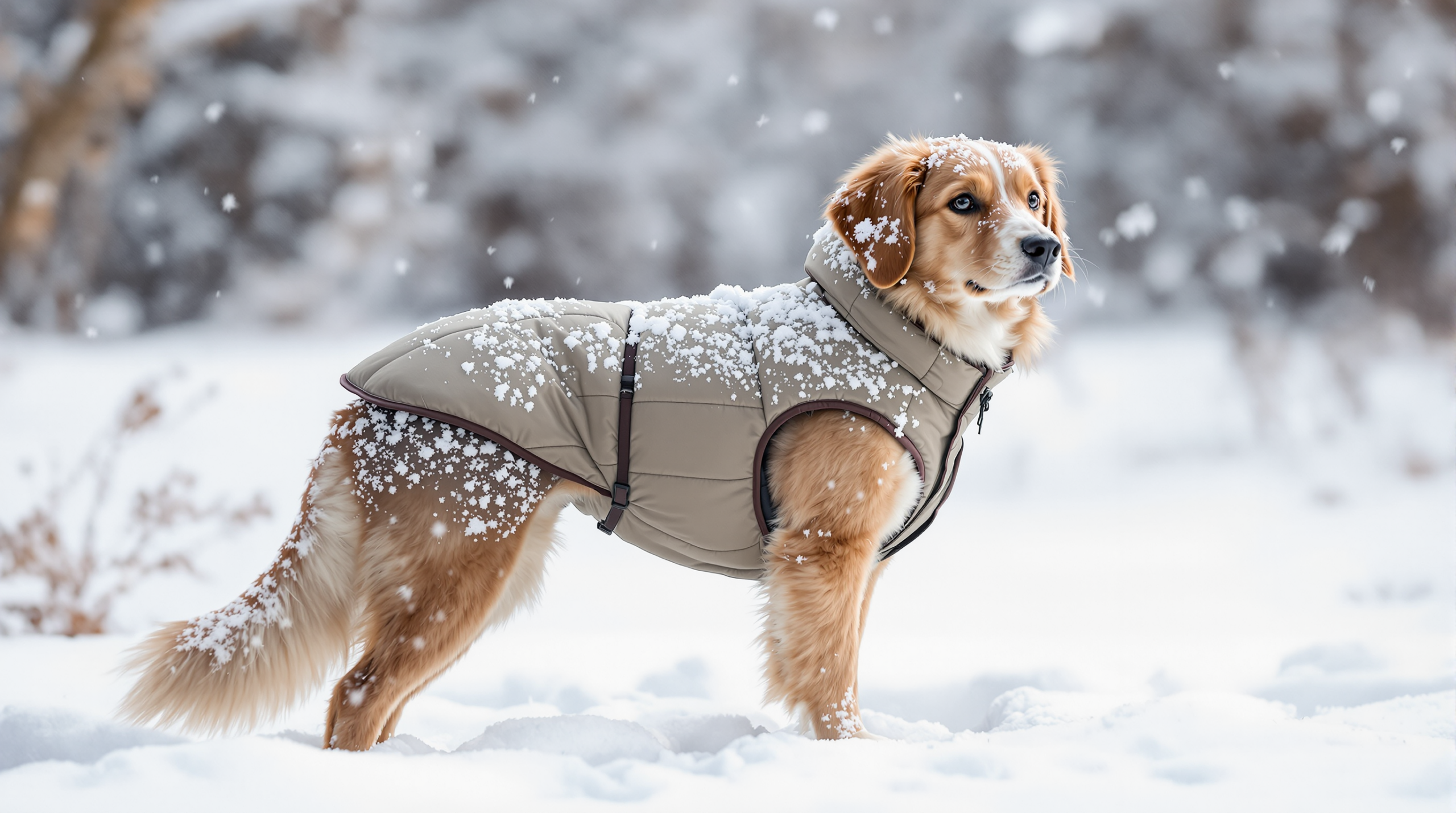 Dog standing in snow wearing an insulated waterproof dog winter coat