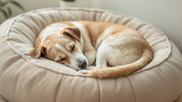 Dog curled nose to tail in a round donut dog bed with a raised rim