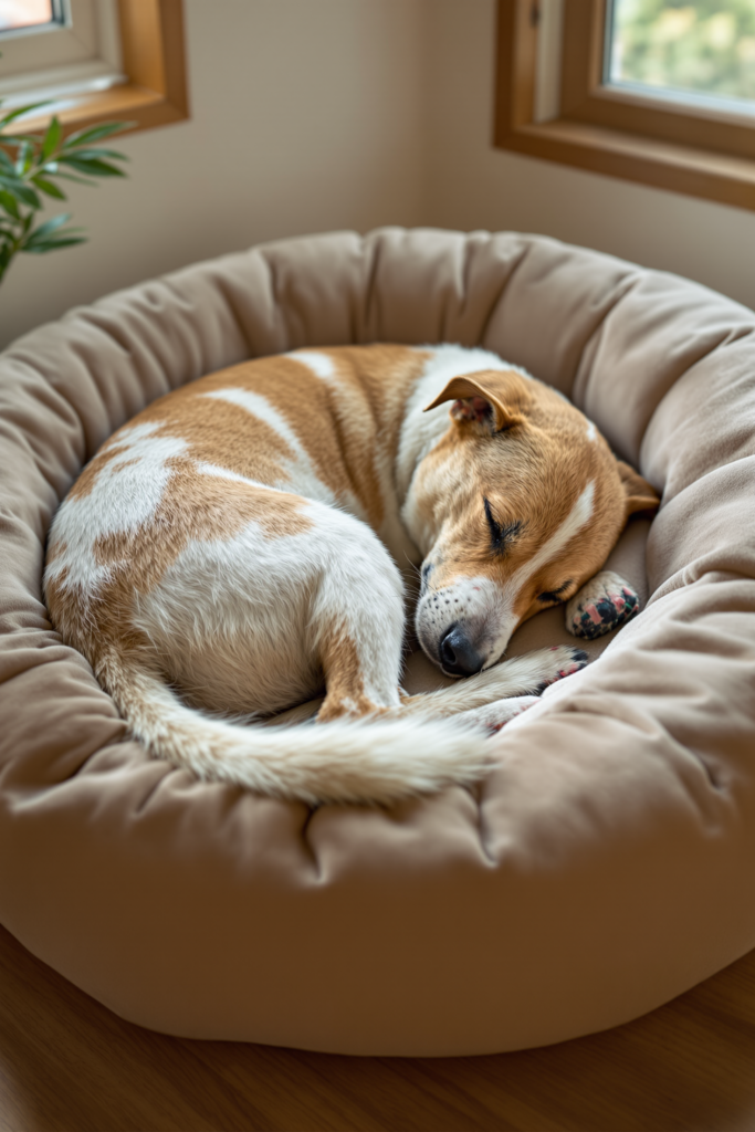 Medium dog curled tightly nose-to-tail in a round donut bed with a raised padded rim supporting its head - donut dog bed