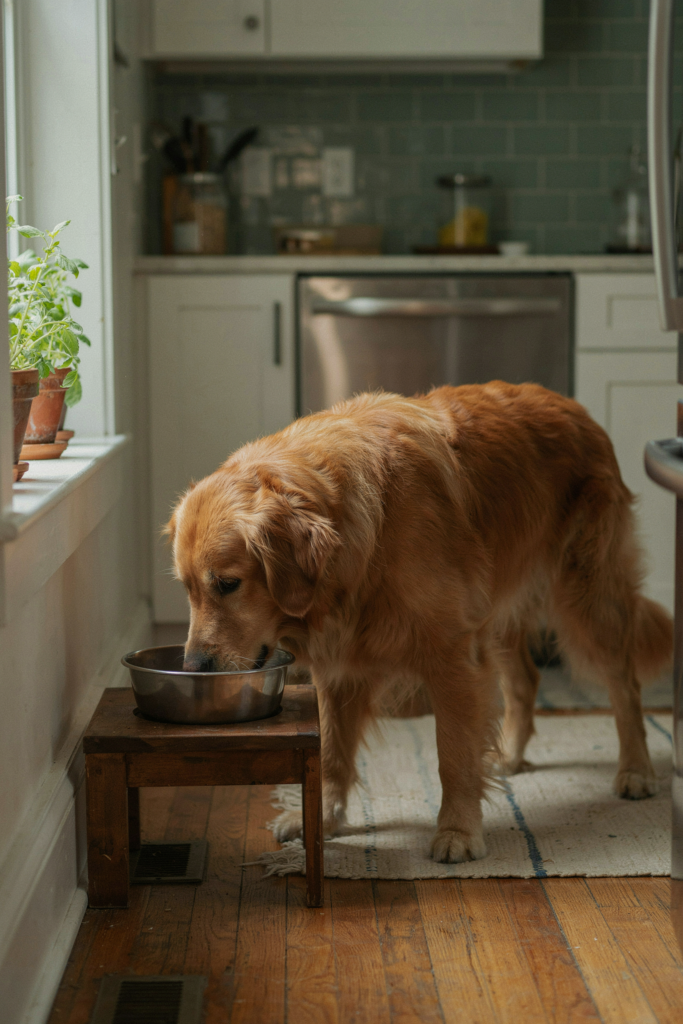 Large dog standing on all fours eating from an elevated dog bowl stand in a kitchen