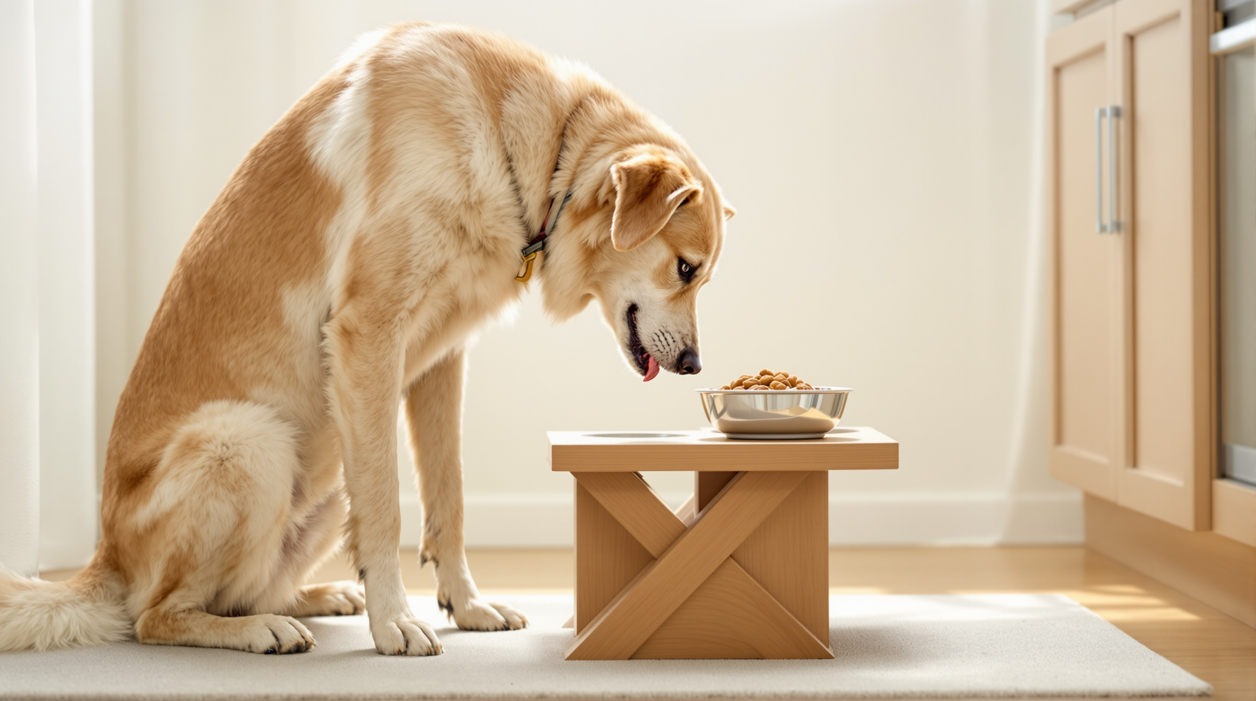 Tall dog eating from an elevated dog bowl stand with its neck level
