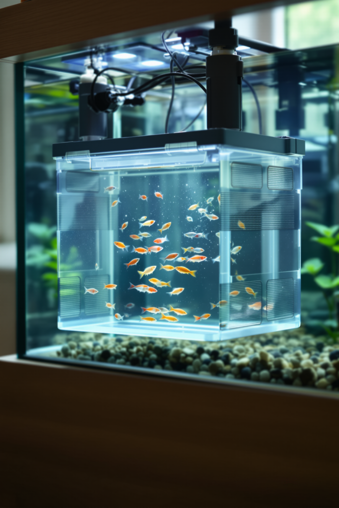Clear acrylic breeding box suspended inside a larger aquarium, several tiny fry swimming within - fish breeding box