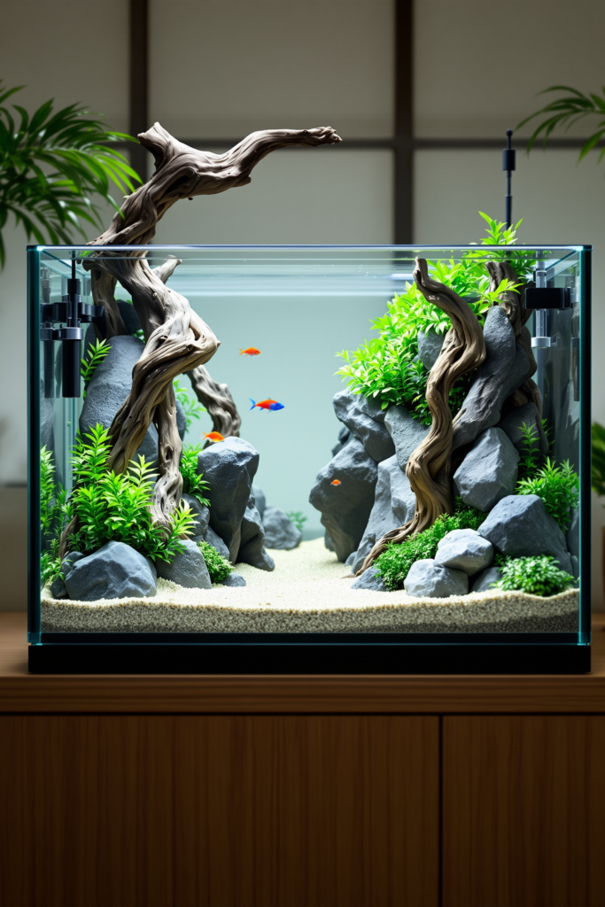 Fish Tank Decorations: Safe Materials, Sharp Edges and Cleaning Them Properly 3 Well-composed aquascape with driftwood, smooth stone and soft artificial plants, small fish weaving between the structures - fish tank decorations