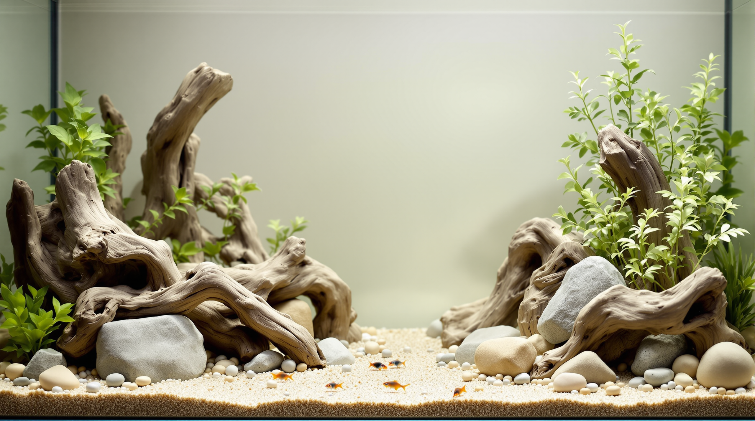 Fish Tank Decorations: Safe Materials, Sharp Edges and Cleaning Them Properly 1 Aquascape of driftwood stone and plant fish tank decorations with fish swimming