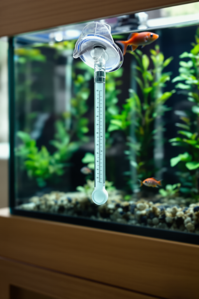 Fish Tank Thermometer: Why You Check the Heater, Not Trust It 3 Slim glass stick aquarium thermometer attached by a suction cup to the inside front glass of a planted aquarium at mid-depth - fish tank thermometer