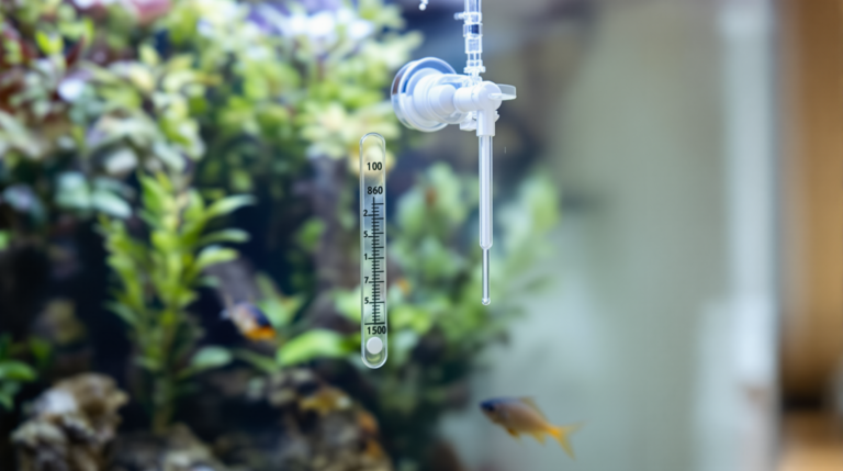 Glass fish tank thermometer suctioned at mid-depth inside a planted aquarium
