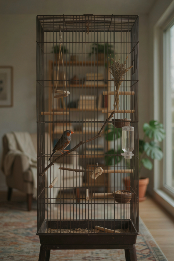 Finch perched inside a long horizontal flight cage in a living room