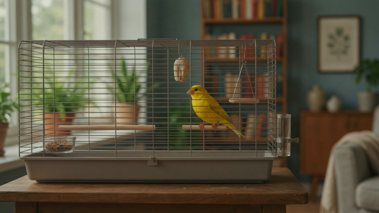 Canary perched inside a long horizontal flight cage