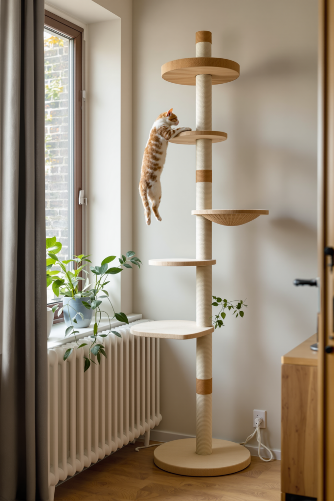 Floor to Ceiling Cat Trees: Measuring, Tension, and What Goes Wrong 3 Slim floor-to-ceiling tension-pole cat tree running from floor to ceiling in a compact apartment - floor to ceiling cat tree