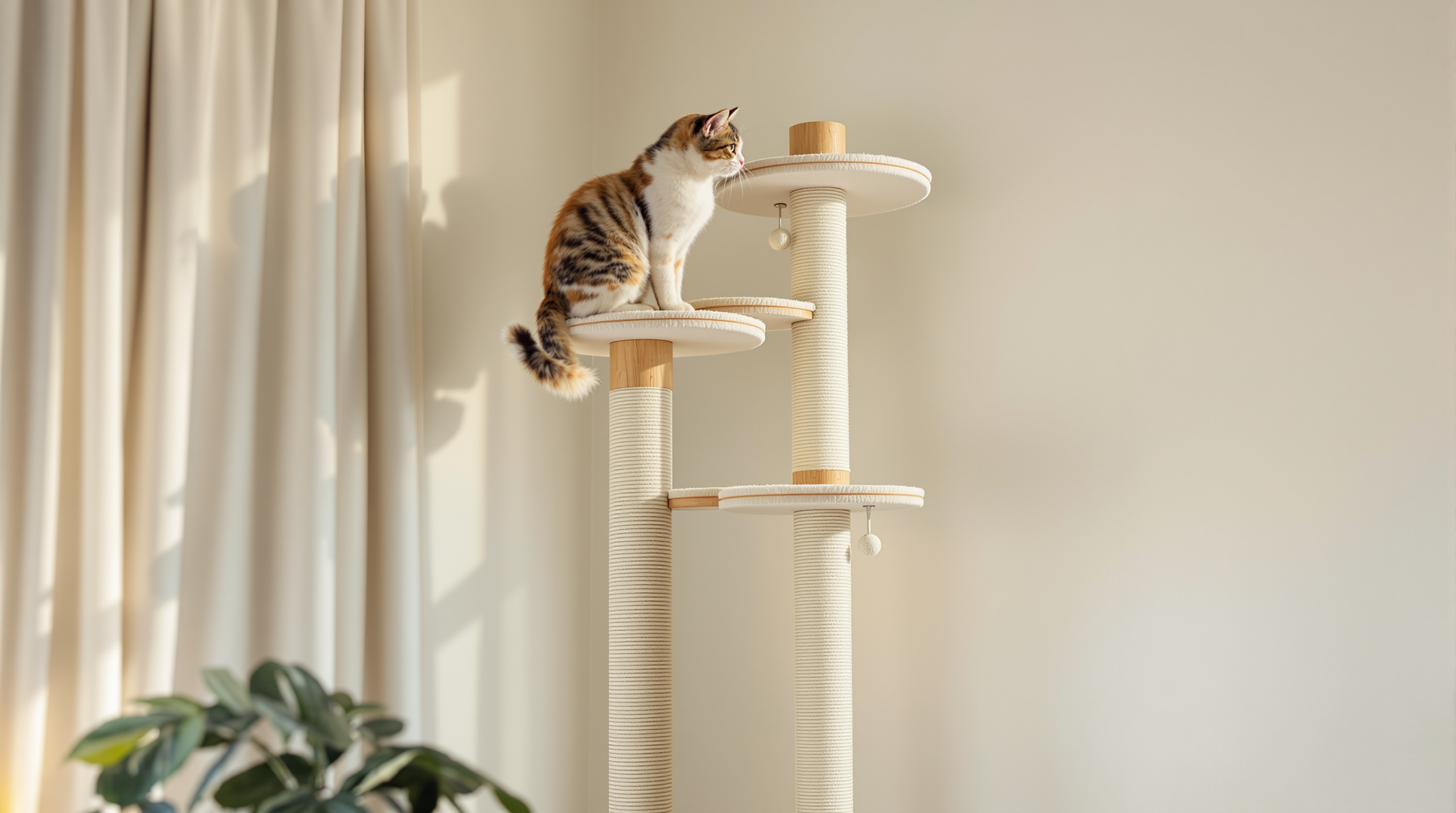 Floor to Ceiling Cat Trees: Measuring, Tension, and What Goes Wrong 1 Cat climbing a floor to ceiling cat tree tension pole in a small apartment