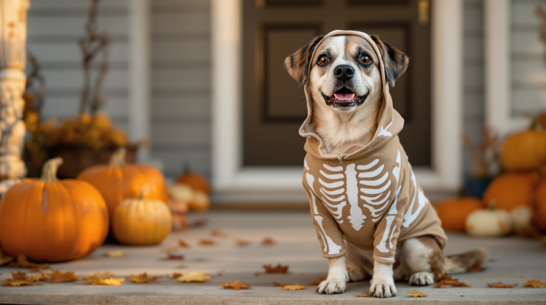 Dog in a skeleton Halloween dog costume on a porch beside carved pumpkins