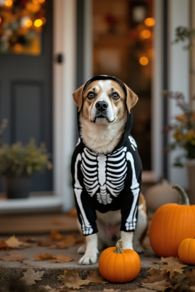 Cheerful dog wearing a printed skeleton Halloween costume standing on a porch beside carved pumpkins - halloween dog costume