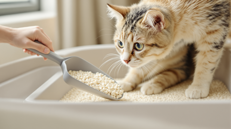 Scoop lifting a clump from a litter tray showing how often to change cat litter